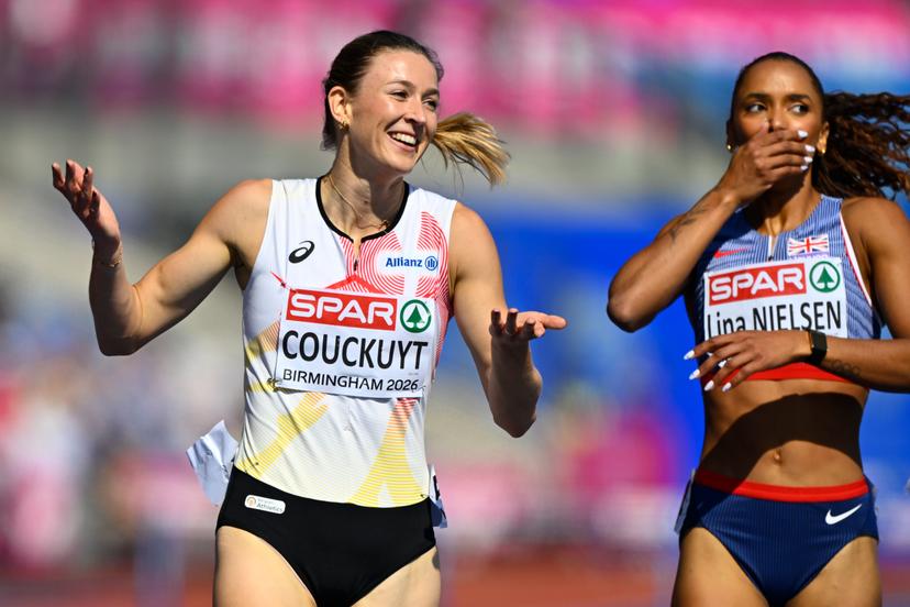 Belgian Paulien Couckuyt celebrates as she won her heat in the semifinals of the Women 400m Hurdles race, on the second day of the European Athletics Championships (August 10-18) in Birmingham, United Kingdom, on Tuesday 11 August 2026. BELGA PHOTO ERIC LALMAND