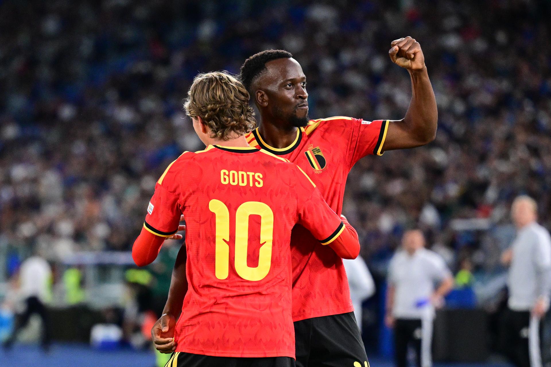 Belgium's Dodi Lukebakio celebrates after scoring during a soccer game between the Red Devils, the Belgian national soccer team and Italy for the opening game of the UEFA Nations League, in Rome, on Friday 25 September 2026. BELGA PHOTO DIRK WAEM