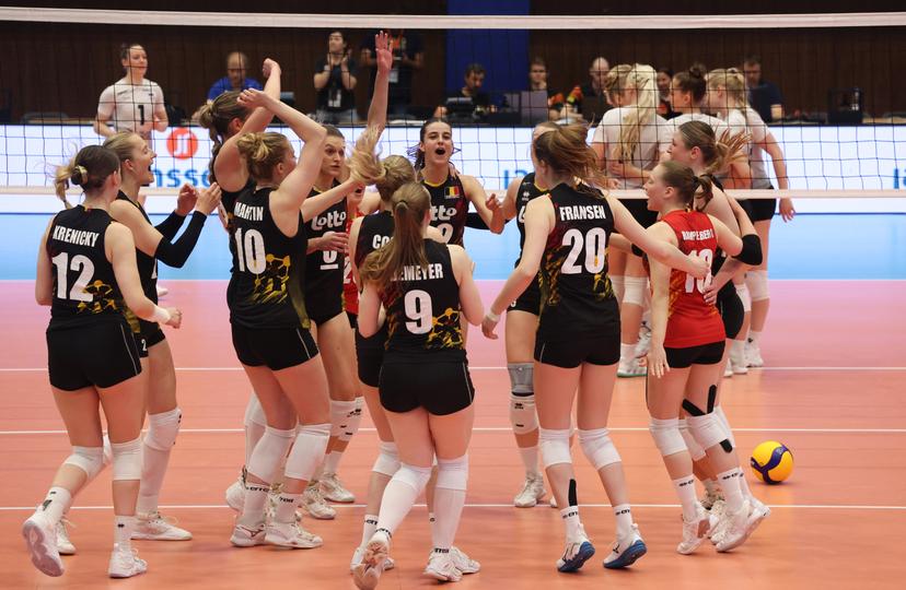 Belgium's players celebrate after winning a volleyball match between Belgium's national women's volleyball team, the Yellow Tigers, and the Estonian national women's volleyball team, in match 3/6 of the League Round of the European Golden League women, in Beveren, Friday 24 May 2024. BELGA PHOTO VIRGINIE LEFOUR