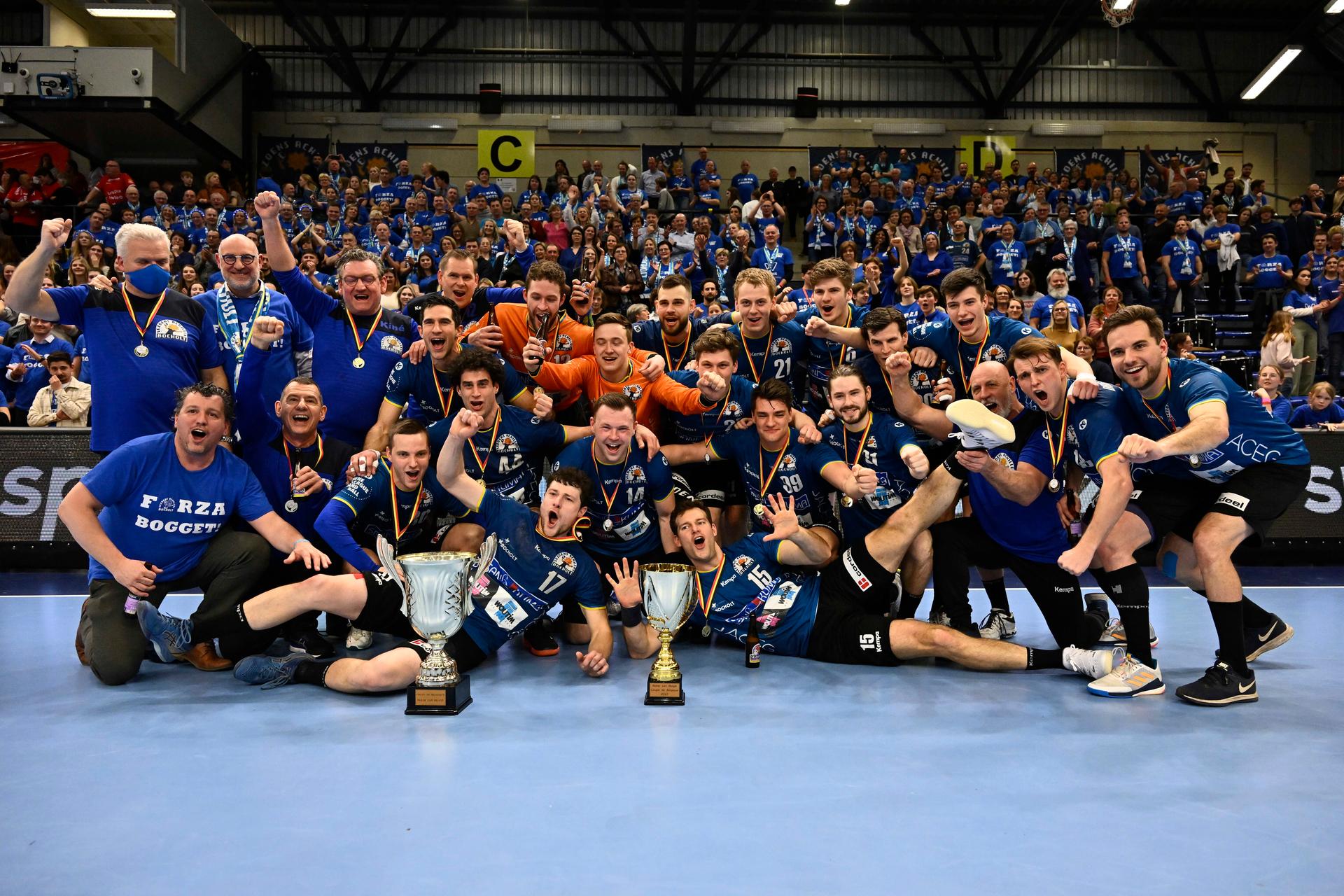 Bocholt's players celebrate after winning a game between Achilles Bocholt and Sporting Pelt, the men's final of the Belgian handball cup, Saturday 01 April 2023, in Hasselt. BELGA PHOTO JOHAN EYCKENS