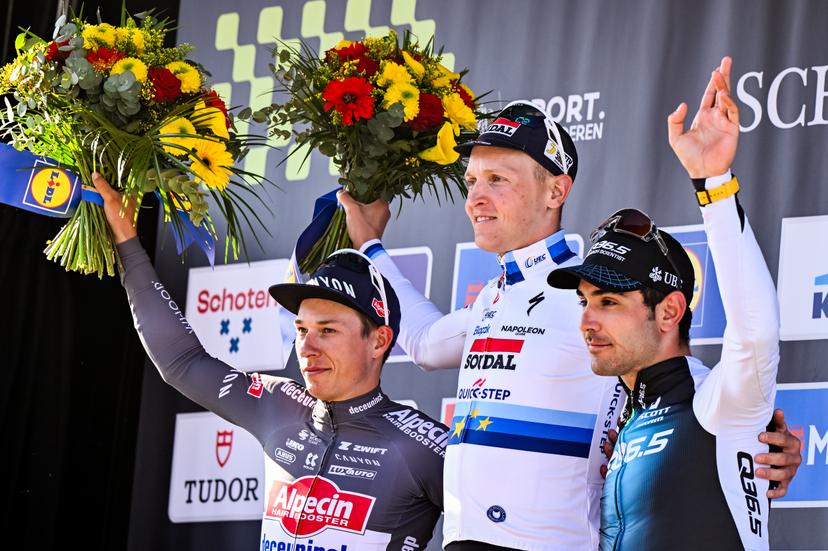 Belgian Jasper Philipsen of Alpecin-Deceuninck, Belgian Tim Merlier of Soudal Quick-Step and Italian Matteo Moschetti of Q36.5 Pro Cycling Team pictured on the podium after the men's race of the 113th edition of the 'Scheldeprijs' one day cycling event, 202,8 km from Terneuzen, the Netherlands to Schoten, Belgium on Wednesday 09 April 2025. BELGA PHOTO ERIC LALMAND