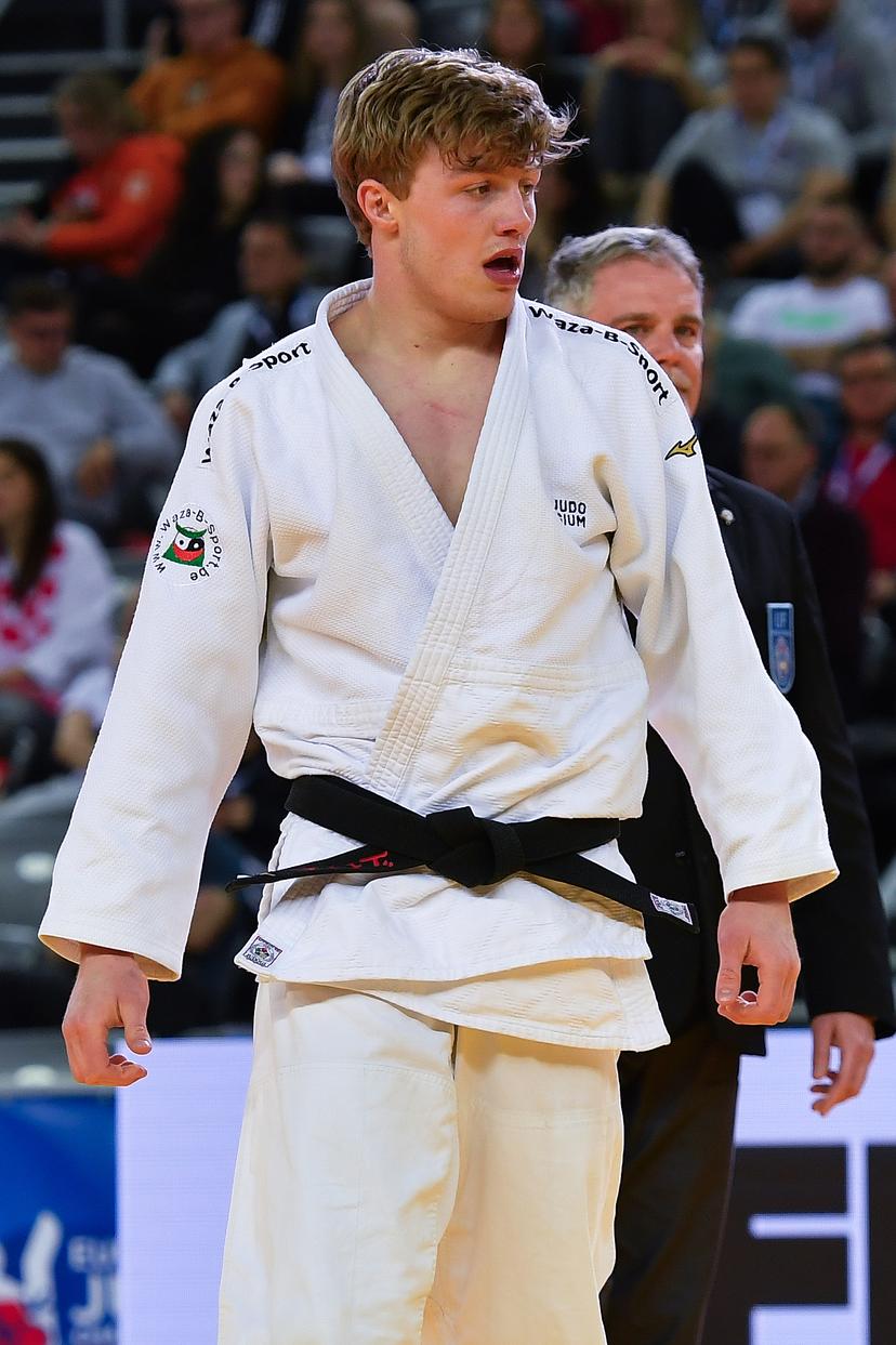 Belgian Jarne Duyck (White) reacts during a fight in the men's -81kg pool C at the European Championships judo in Zagreb, Croatia on Friday 26 April 2024. The tournament is taking place from 25 tot 27 April.  BELGA PHOTO NIKOLA KRISTC