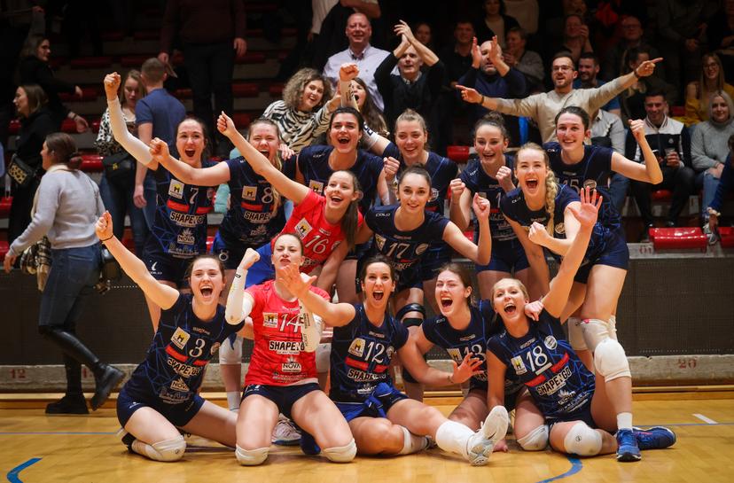 Tchalou's players celebrate after winning a volleyball match between Charleroi Volley and Tchalou Volley, Wednesday 23 February 2022 in Charleroi. BELGA PHOTO VIRGINIE LEFOUR