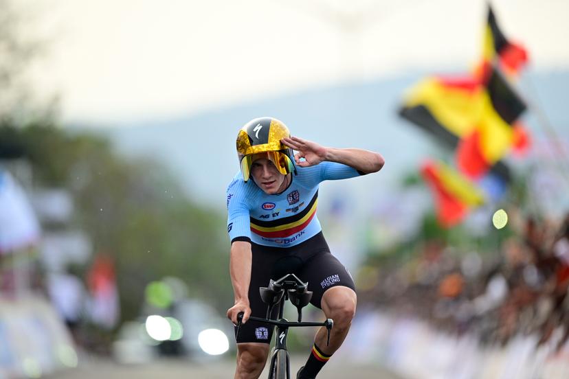 Belgian Remco Evenepoel crosses the finish line to win the Men Elite Individual Time Trial race (40,8km) at the cycling road world championships, in Kigali, Rwanda, Sunday 21 September 2025. The 2025 UCI Road World Championships take place from 21 to 28 September in Kigali, Rwanda. BELGA PHOTO DIRK WAEM