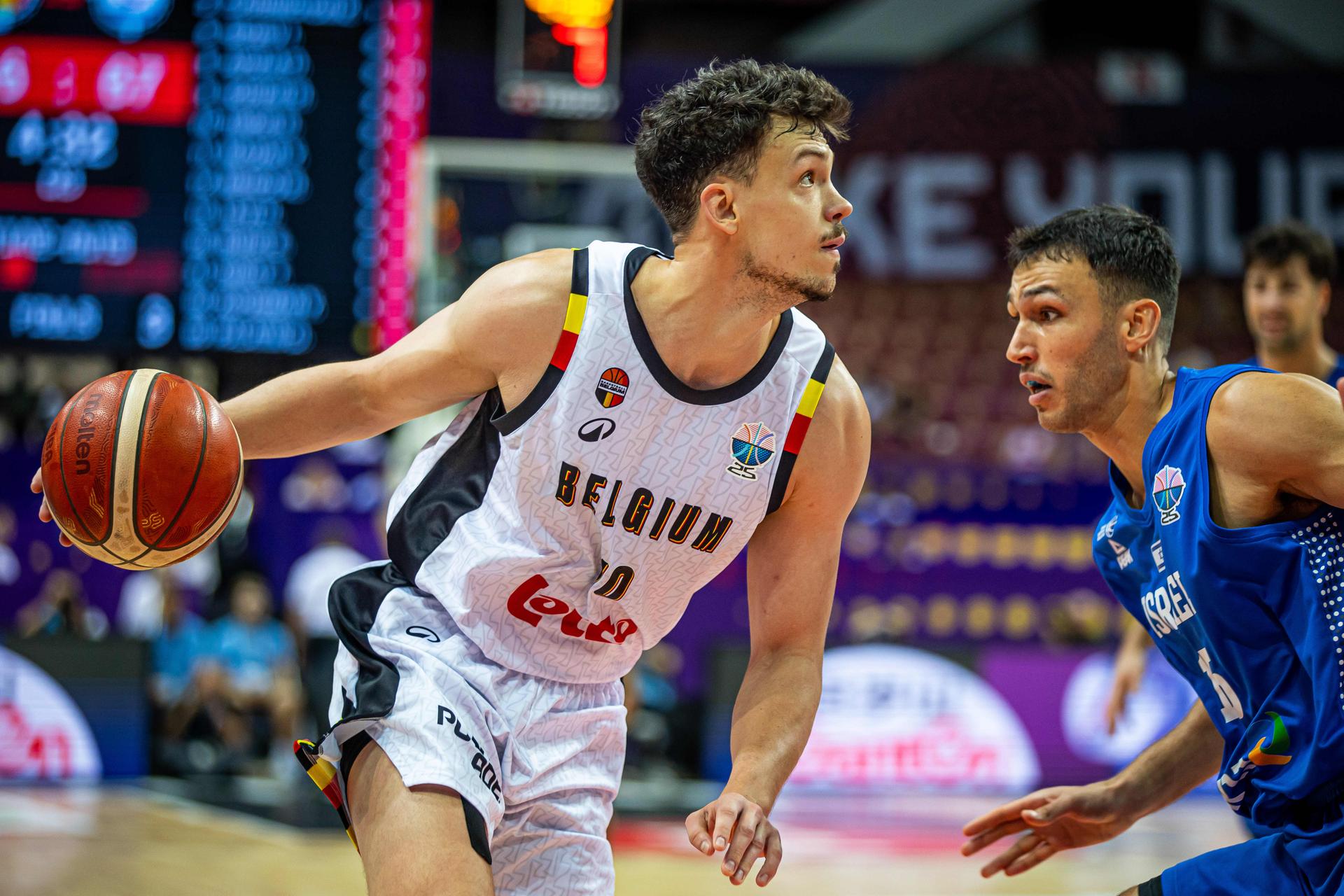 Belgium's Hans Vanwijn pictured in action during a basketball match between Belgium's national team Belgian Lions and Israel, Tuesday 02 September 2025 in Katowice, Poland, the fourth game of the group stage of the Eurobasket 2025 European championships, in the group D. BELGA PHOTO LUKASZ SKWIOT *** BELGIUM ONLY ***