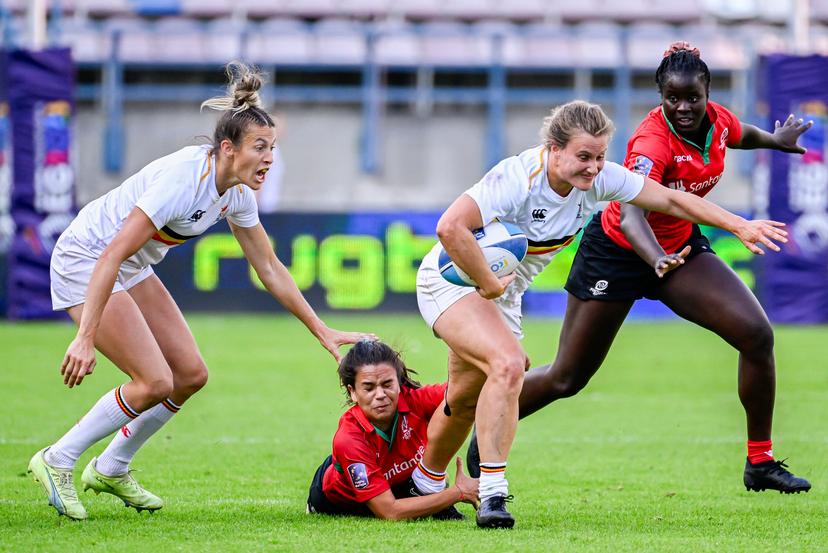 Belgium's Margaux Lalli and Belgium's Loes Hubrecht pictured in action during a rugby match between Belgium and Portugal, the quarterfinals of the women's Rugby Sevens tournament, at the European Games in Krakow, Poland on Monday 26 June 2023. The 3rd European Games, informally known as Krakow-Malopolska 2023, is a scheduled international sporting event that will be held from 21 June to 02 July 2023 in Krakow and Malopolska, Poland. BELGA PHOTO LAURIE DIEFFEMBACQ