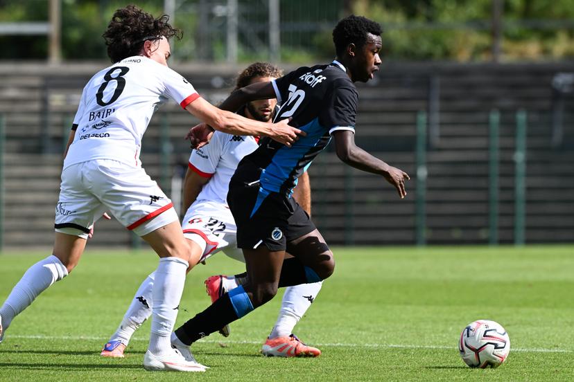 Seraing's Wassim Bahri; Seraing's Matteo Scarpinati and Club's Jessi Da Silva pictured in action during a soccer match between Club NXT and RFC Seraing, Saturday 22 August 2026 in Brugge, on day 2 of the 2026-2027 'Challenger Pro League' 1B second division of the Belgian championship. BELGA PHOTO JILL DELSAUX