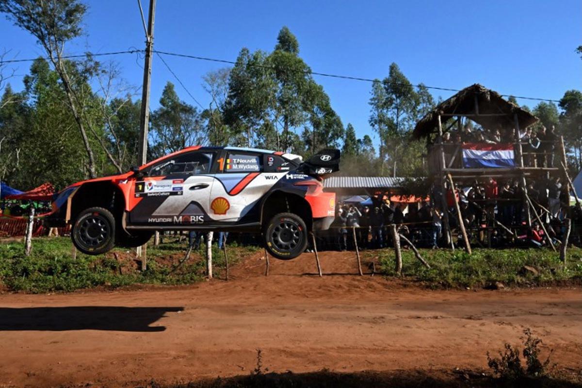 Belgium Driver Thierry Neuville And Co-driver Martijn Wydaeghe compete in their Hyundai i20 N Rally1 during the Nueva Alborada stage of the WRC Rally Paraguay, the 10th round of the FIA World Rally Championship (WRC), near Encarnacion, Paraguay on August 29, 2025.  Luis ROBAYO / AFP