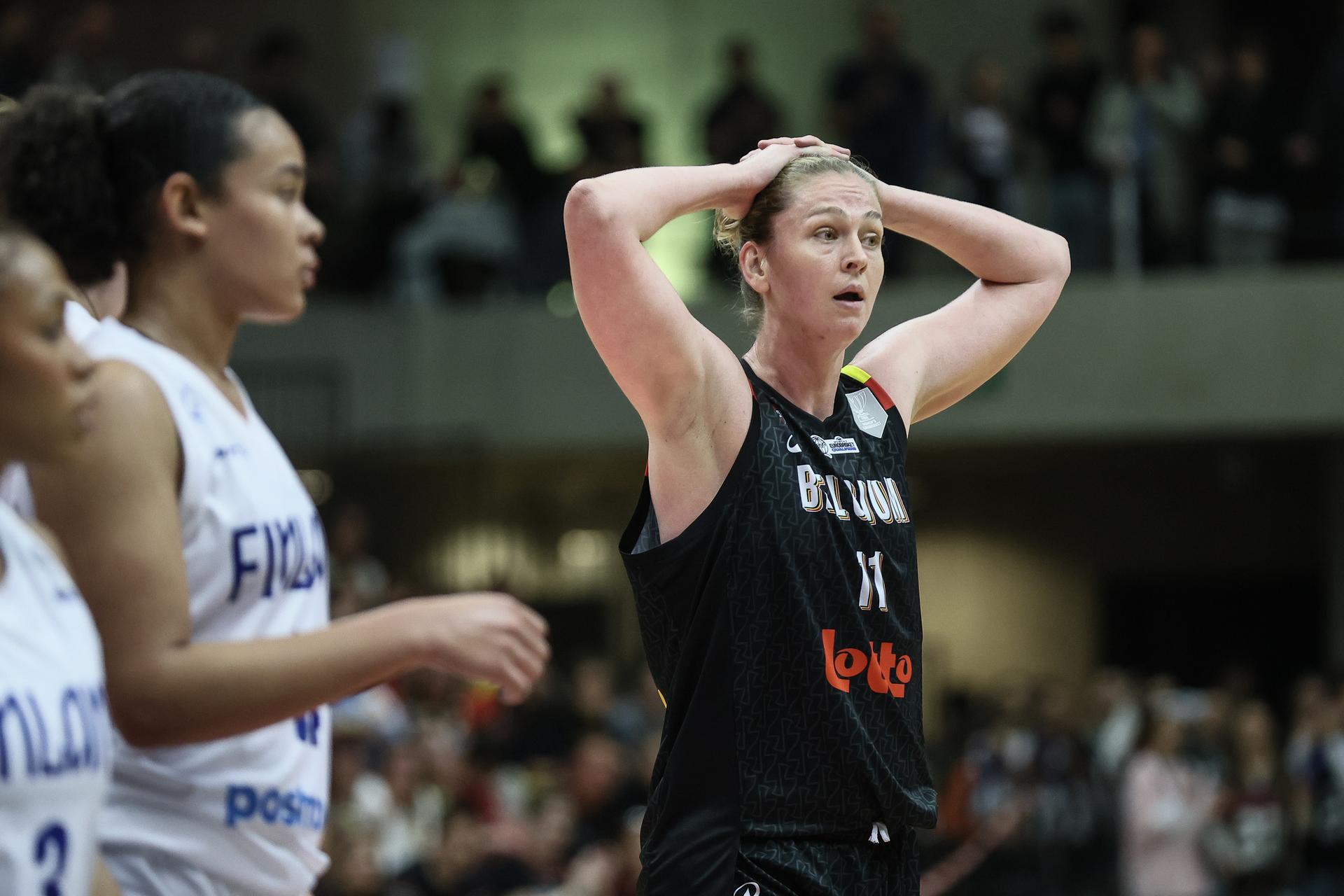 Belgium's Emma Meesseman reacts during a basketball game between Belgian national team the Belgian Cats and Finland, Thursday 13 November 2025 in Leuven, a qualification game (1/6) for the 2027 Eurobasket tournament. BELGA PHOTO BRUNO FAHY