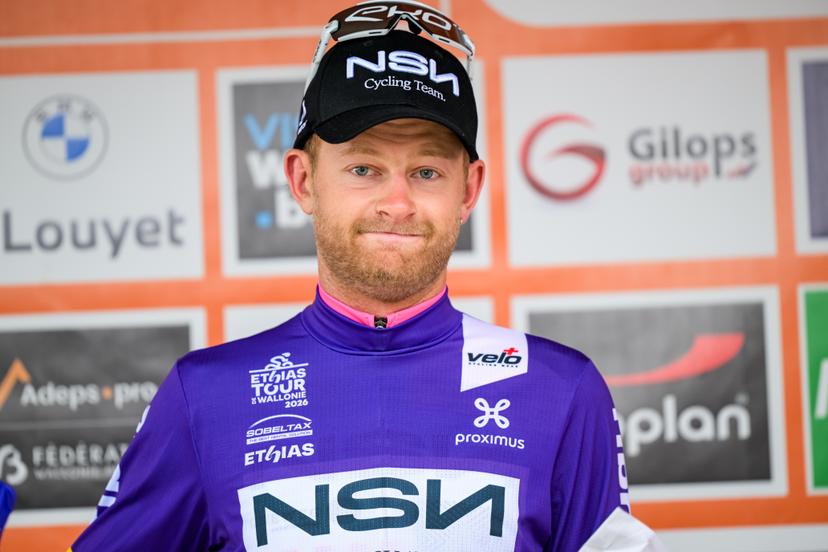 American Riley Sheehan of NSN Cycling Team pictured on the podium after the fifth stage of the Tour De Wallonie cycling race, from Bassenge to Aubel (176,4 km), on Friday 05 June 2026. BELGA PHOTO DAVID PINTENS