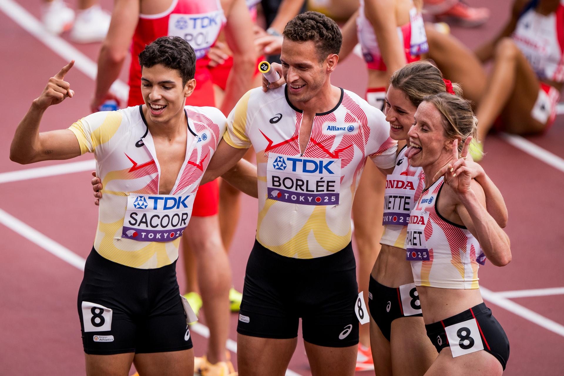 Belgian Jonathan Sacoor, Belgian Dylan Borlee, Belgian Helena Ponette and Belgian Imke Vervaet celebrates after the World Athletics Championships in Tokyo, Japan, on Saturday 13 September 2025. The outdoor Worlds are taking place from 13 to 21 September. BELGA PHOTO JASPER JACOBS