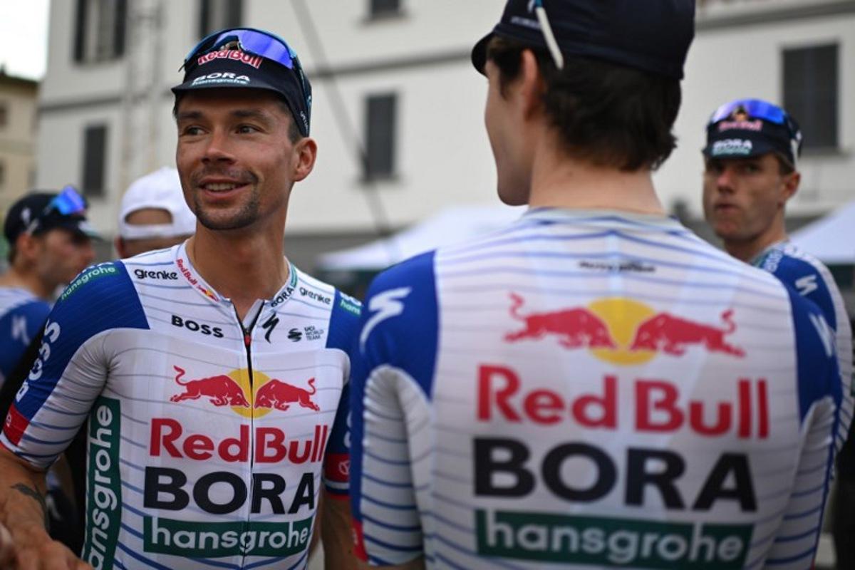 Primoz Roglic of team Red Bull - Bora - hansgrohe attends the team presentation on the eve of the first stage of the Tour of Switzerland (Tour de Suisse) cycling race, in Sondrio, Italy, on June 16, 2026.  Marco BERTORELLO / AFP