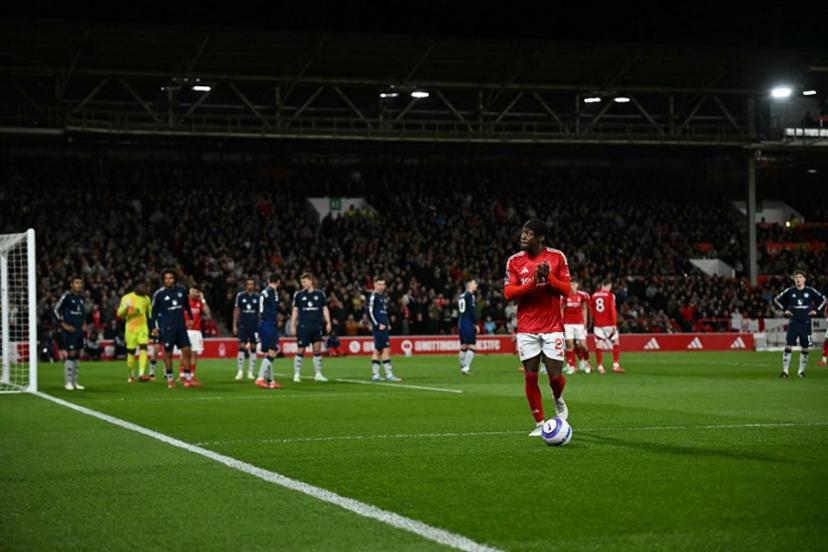 Nottingham Forest's Swedish midfielder #21 Anthony Elanga walks to take a corner kick during the English Premier League football match between Nottingham Forest and Manchester United at The City Ground in Nottingham, central England, on April 1, 2025.  Paul ELLIS / AFP