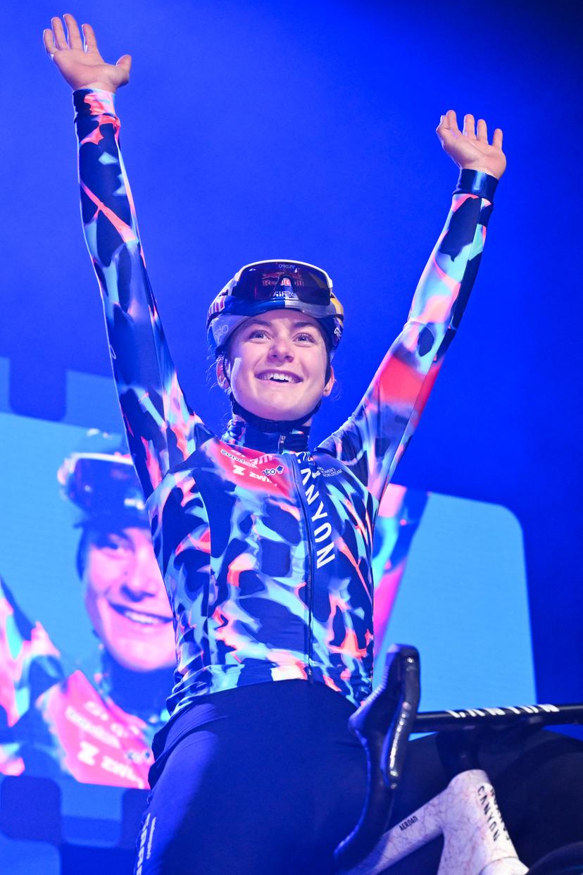 British Zoe Backstedt pictured during the team presentation before the women's one-day cycling race Omloop Het Nieuwsblad (UCI World Tour), the opening race of the Flemish one-day classics season, 137,6 km from Gent to Ninove, Saturday 28 February 2026. BELGA PHOTO MAARTEN STRAETEMANS