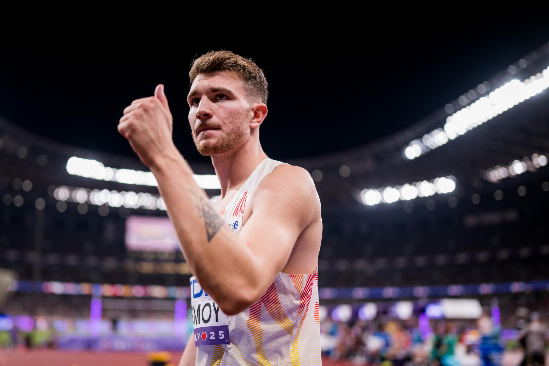 Belgian Thomas Carmoy celebrates during the High Jump men, qualifications, in the World Athletics Championships in Tokyo, Japan, on Sunday 14 September 2025. The outdoor Worlds are taking place from 13 to 21 September. BELGA PHOTO JASPER JACOBS