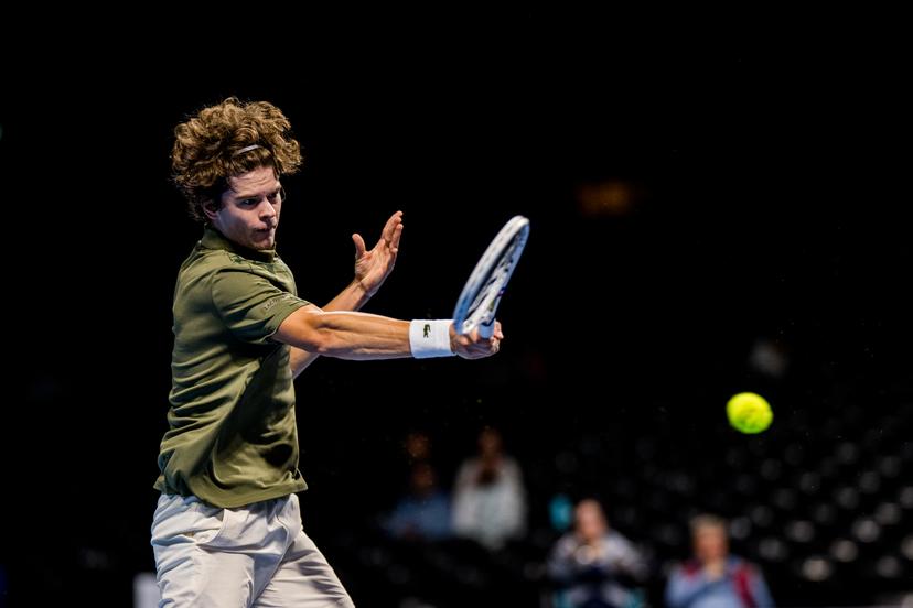 Belgian Alexander Blockx pictured in action during the European Open ATP tennis tournament in Brussels, on Monday 13 October 2025. This year's edition of the tournament is taking place from 12 to 19 October 2025. BELGA PHOTO JASPER JACOBS