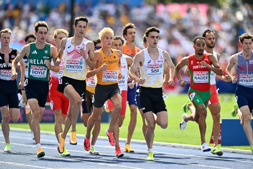 Belgian Ruben Verheyden and Belgian Pieter Sisk pictured in action during the 1500m race on the fifth day of the European Athletics Championships (August 10-18) in Birmingham, United Kingdom, on Friday 14 August 2026. BELGA PHOTO ERIC LALMAND