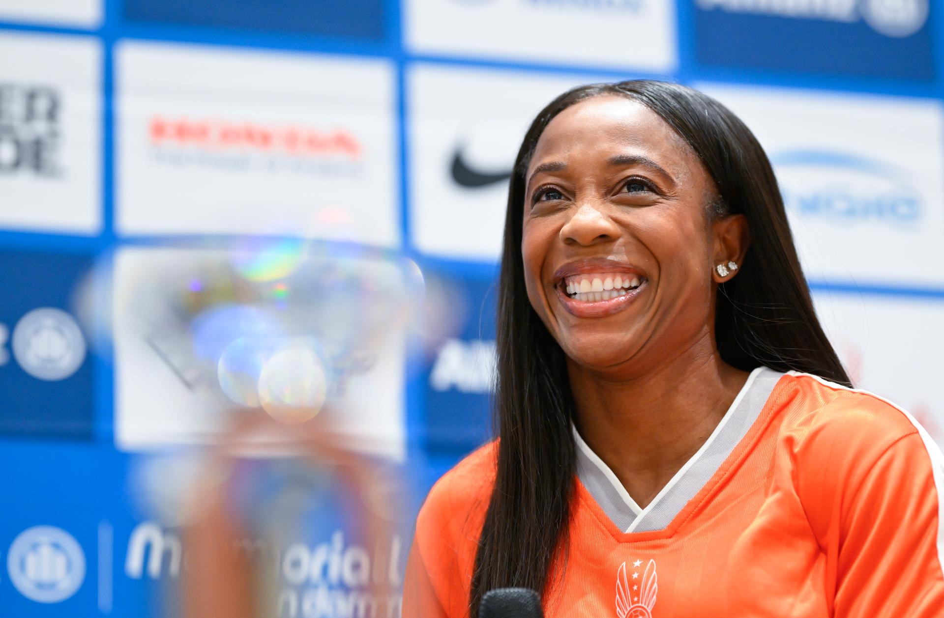Jamaica's Shelly-Ann Fraser-Pryce talks during a press conference on the 49th edition of the Memorial Van Damme athletics event in Brussels, Thursday 21 August 2025. The 2025 Allianz Memorial Van Damme Diamond League meeting takes place on 22 Augustus 2025. BELGA PHOTO JOHN THYS