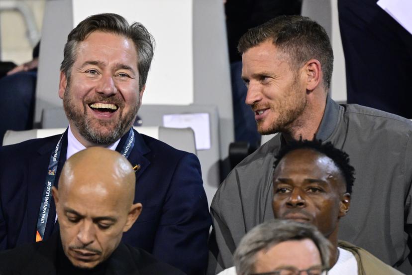 RBFA sports director Vincent Mannaert and former Red Devil Jan Vertonghen pictured during a soccer game between Belgian national team Red Devils and France, on Monday 28 September 2026  in Brussels, the second game of the UEFA Nations League group stage. BELGA PHOTO DIRK WAEM