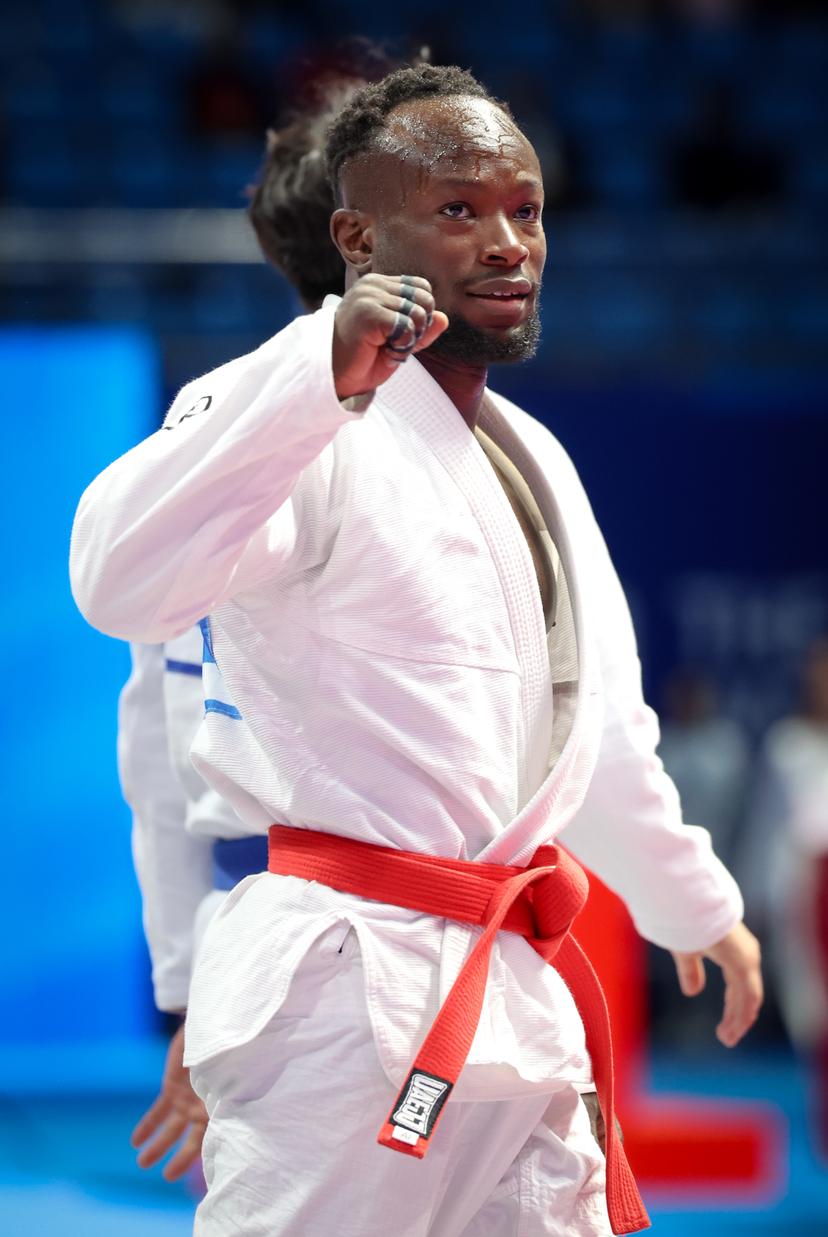 Belgian Florian Bayili celebrates after winning a Ju-Jitsu fight against Korean Seong Hyeon Joo for the semi-final, during the World Games 2025, in Chenghdu, China, on Monday 11 August 2025. This year, the World Games take place from 07 to 17 augustus. BELGA PHOTO VIRGINIE LEFOUR