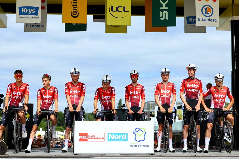 Lotto Cycling Team riders pictured ahead of the first stage, Lille Metropole to Lille Metropole (185 km), of the 2025 Tour de France cycling race, in Lille, France, on Saturday 05 July 2025. The 112th edition of the Tour de France starts on Saturday 5 July in Lille, France, and will finish in Paris, France on the 27th of July. BELGA PHOTO DAVID PINTENS