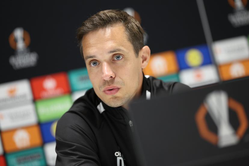 Union's head coach David Hubert pictured during a press conference of Belgian soccer team Royale Union Saint-Gilloise, Wednesday 14 October 2026 in Leuven. The team is preparing for the 2nd match of the UEFA Europa League league phase against Spanish Real Sociedad tomorrow. BELGA PHOTO VIRGINIE LEFOUR