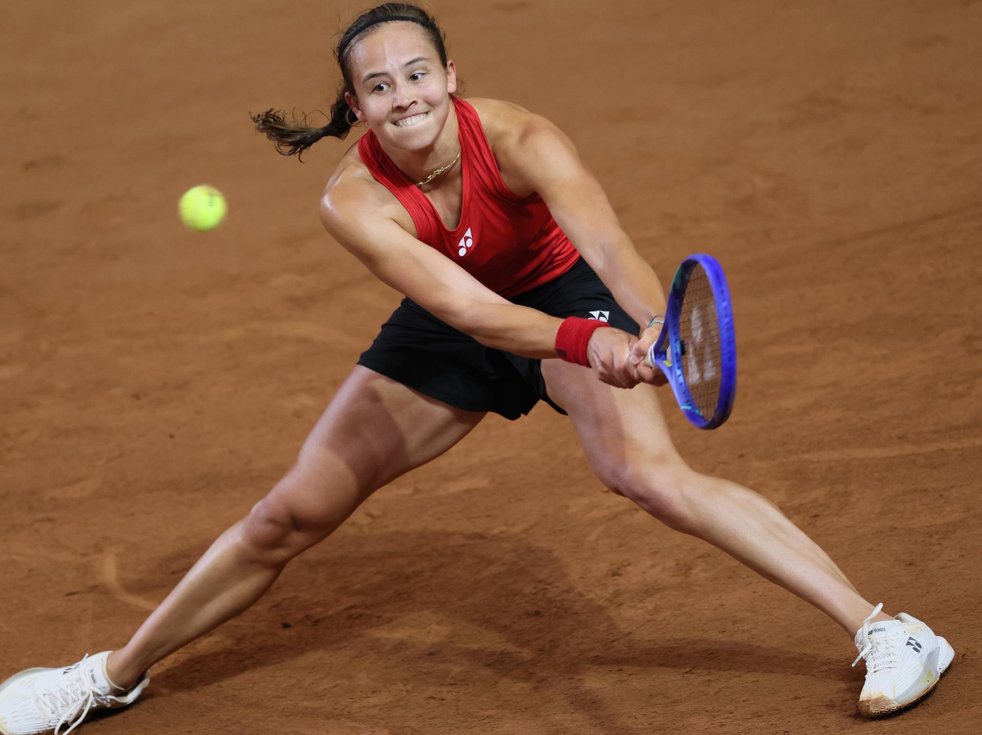 Belgian Hanne Vandewinkel pictured in action during the first game between Belgian Vandewinkel (WTA 94) and US' Jovic (WTA 16) on the first day of tennis matches between Belgium and USA, in the qualifiers of the Billie Jean King Cup tennis, in Oostende, Belgium, on Friday 10 April 2026. The meeting takes place on 10 and 11th April. PHOTO BENOIT DOPPAGNE