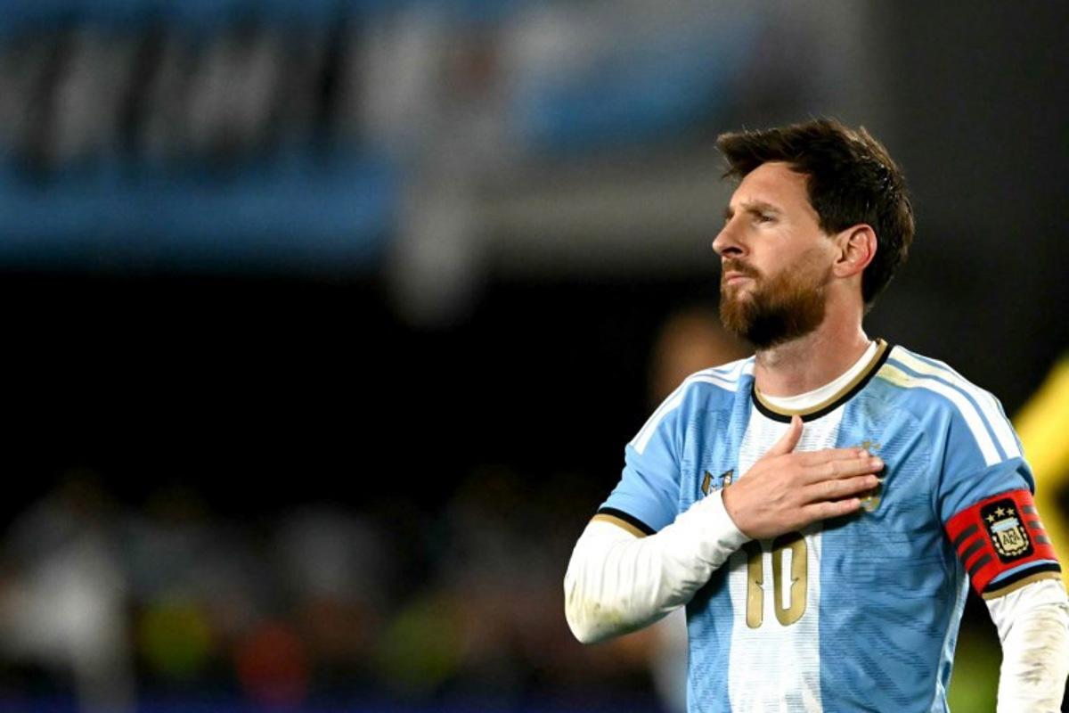 Argentina's forward #10 Lionel Messi celebrates scoring his team's third goal during the international friendly football match between Argentina and Benin at the Mas Monumental stadium in Buenos Aires on October 6, 2026.  Luis ROBAYO / AFP
