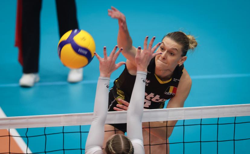 Belgium's Britt Herbots fights for the ball during a volleyball match between Belgium's national women's volleyball team, the Yellow Tigers, and the Estonian national women's volleyball team, in match 3/6 of the League Round of the European Golden League women, in Beveren, Friday 24 May 2024. BELGA PHOTO VIRGINIE LEFOUR