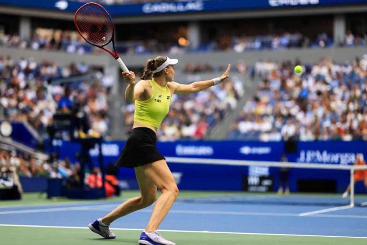 Kazakhstan's Elena Rybakina hits a return against Belarus's Aryna Sabalenka during the women's singles final tennis match on day fourteen of the US Open tennis tournament at the USTA Billie Jean King National Tennis Center in New York City on September 12, 2026.  CHARLY TRIBALLEAU / AFP