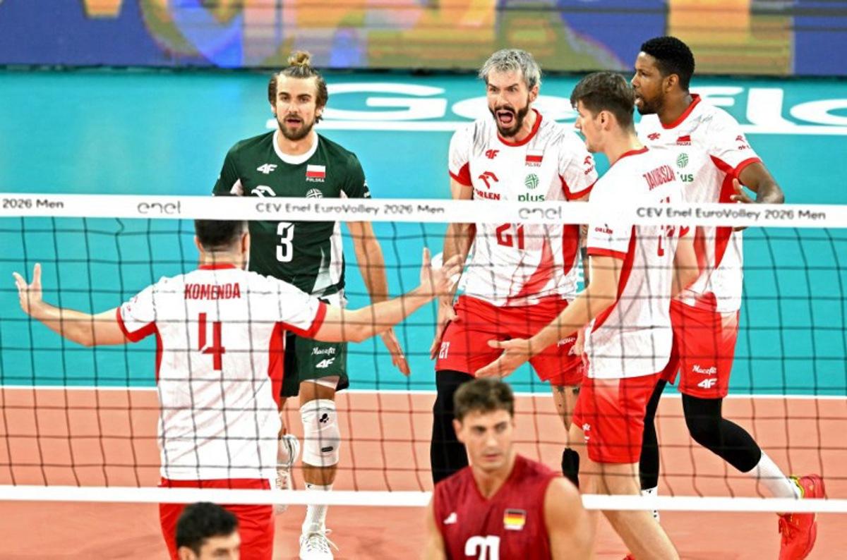 Poland's Tomasz Fornal (C) and teammates celebrate after a point during the CEV EuroVolley 2026 men's volleyball quarterfinal match between Germany and Poland at Arena 8888 in Sofia on September 22, 2026.  Nikolay DOYCHINOV / AFP