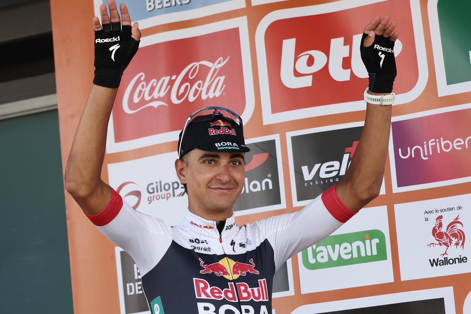 Italian Davide Donati (Red Bull Bora Hansgrohe) celebrates on the podium after winning the third stage of the Tour De Wallonie cycling race, from Estinnes to Antoing (165,3km), on Monday 28 July 2025. BELGA PHOTO BRUNO FAHY