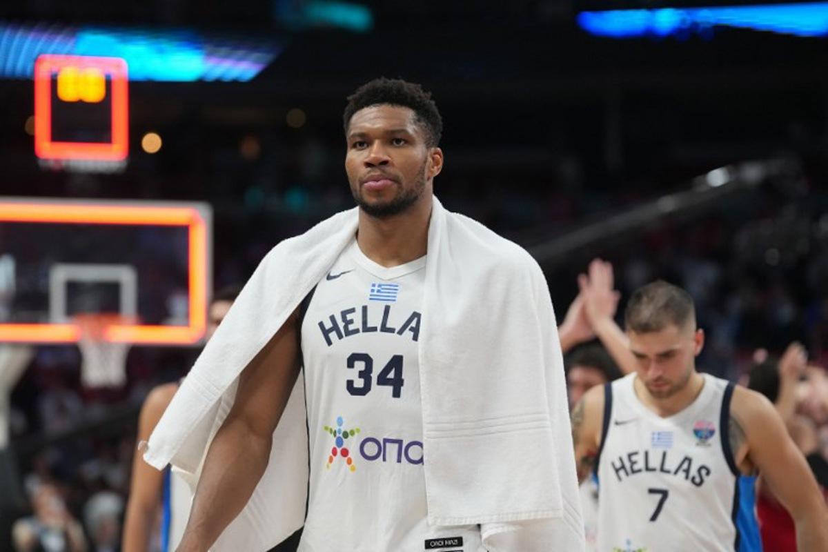 Greece's small forward #34 Giannis Antetokounmpo looks on after loosing the FIBA EuroBasket 2025 semi-final basketball match between Greece and Turkey in Riga, Latvia, on September 12, 2025.  Gints Ivuskans / AFP