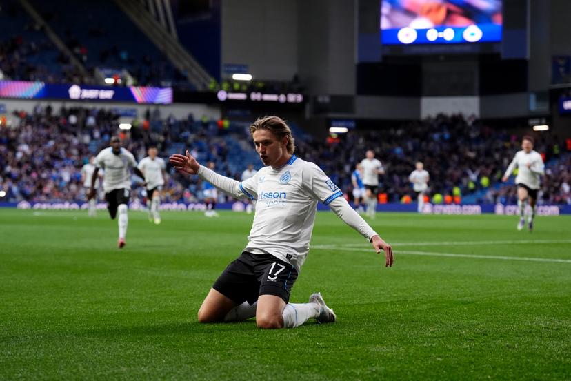 Club Brugge's Romeo Vermant celebrates after scoring his sides first goal during the UEFA Champions League, play-off, first leg match at Ibrox Stadium, Glasgow. Picture date: Tuesday August 19, 2025. BELGIUM ONLY