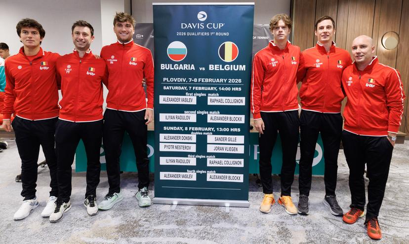 Belgian Gilles-Arnaud Bailly, Belgian Sander Gille, Belgian Raphael Collignon, Belgian Alexander Blockx, Belgian Joran Vliegen and Belgian captain Steve Darcis pictured aftera a press conference of the Belgian team, Friday 06 February 2026, in Plovdiv, Bulgaria. Belgium will compete this weekend in the Davis Cup qualifiers against Bulgaria. BELGA PHOTO BENOIT DOPPAGNE