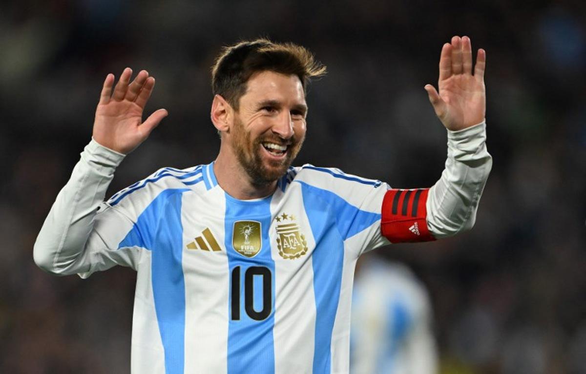 Argentina's forward #10 Lionel Messi celebrates after scoring his second goal during the 2026 FIFA World Cup South American qualifiers football match between Argentina and Venezuela at the Mas Monumental stadium in Buenos Aires on September 4, 2025.   Luis ROBAYO / AFP