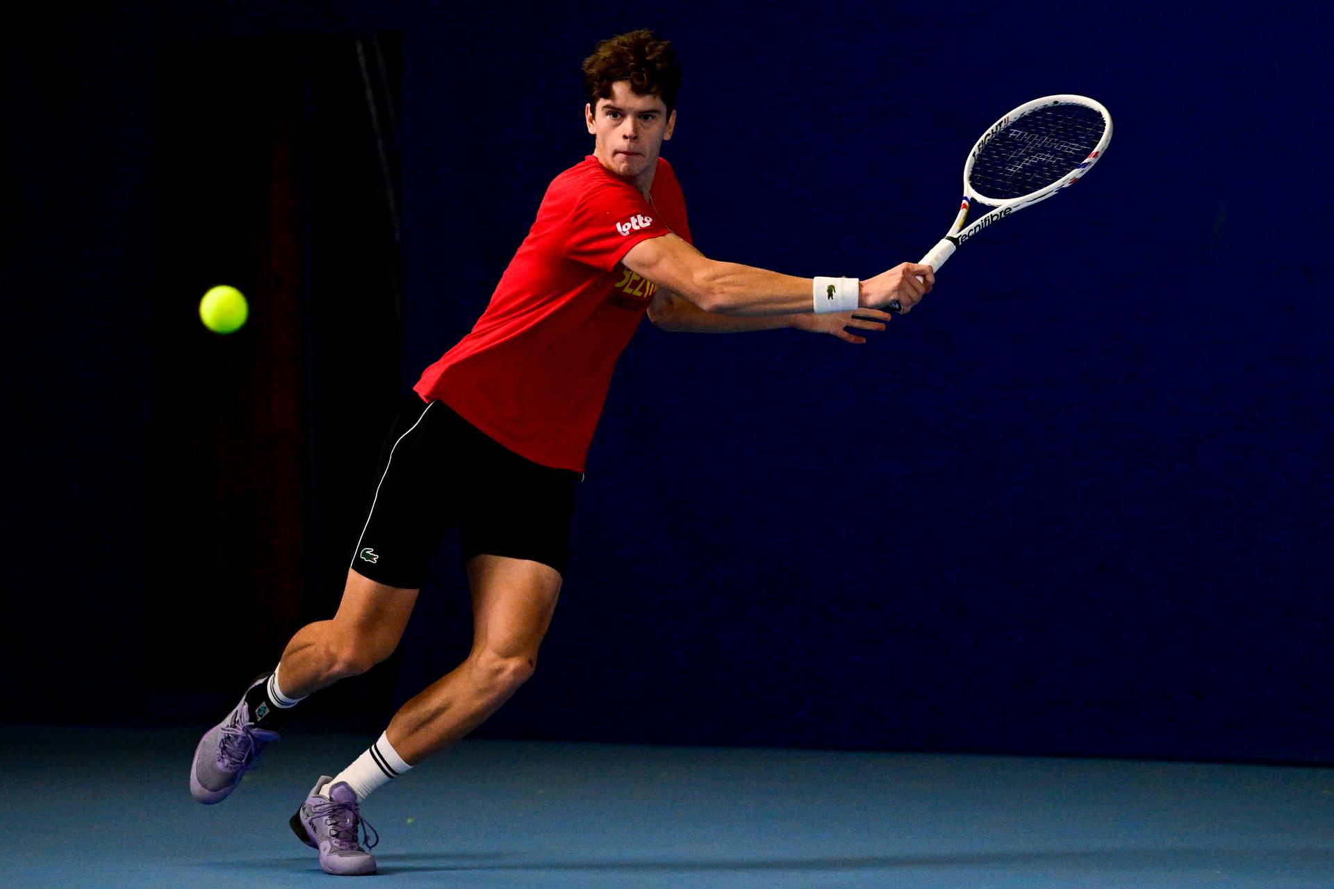 Belgian Alexander Blockx pictured in action during an open training session of the Belgian Davis Cup team ahead of the Davis Cup Finals (November 18-23), in Wilrijk, on Wednesday 12 November 2025. BELGA PHOTO DIRK WAEM