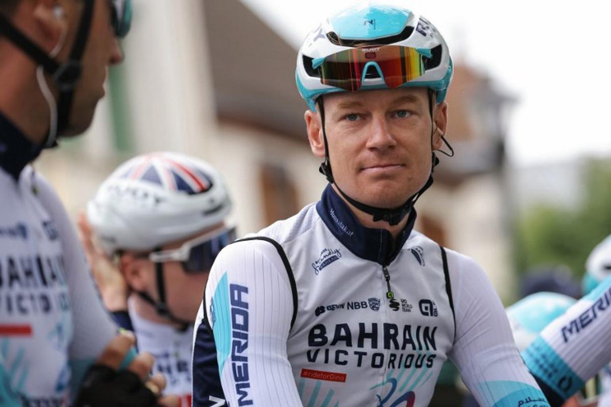 Team Bahrain's Australian rider Jack Haig looks on before competing in the first stage of the 76th edition of the Criterium du Dauphine cycling race, 172,5km between Saint-Pourcain-sur-Sioule and Saint-Pourcain-sur-Sioule, central France, on June 2, 2024.  Thomas SAMSON / AFP