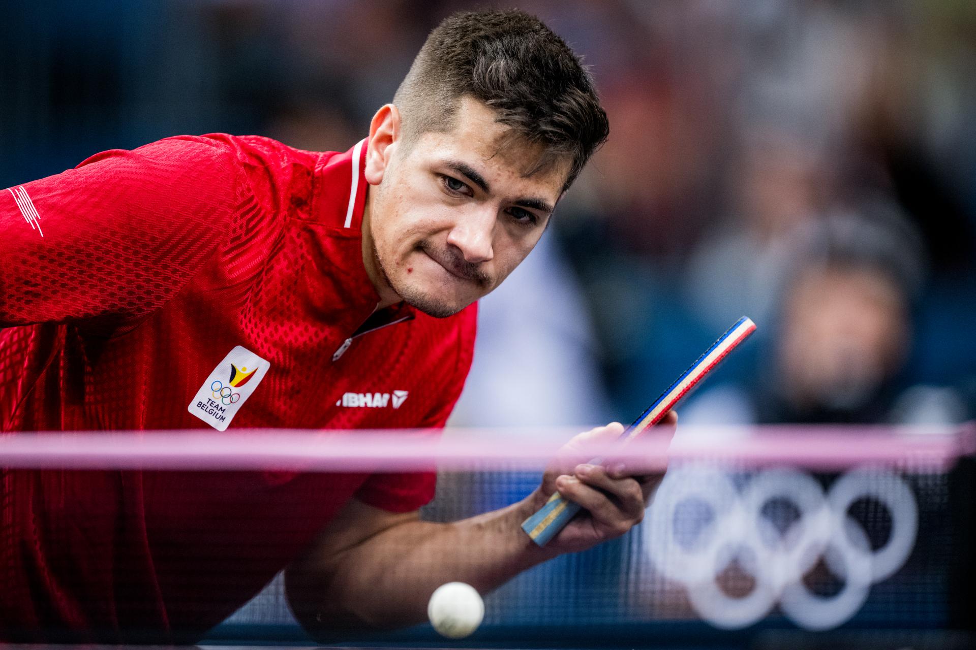 Belgian Martin Allegro pictured in action during a table tennis match against Japanese Harimoto, in the round of 64 of the men's singles tournament at the Paris 2024 Olympic Games, on Monday 29 July 2024 in Paris, France. The Games of the XXXIII Olympiad are taking place in Paris from 26 July to 11 August. The Belgian delegation counts 165 athletes competing in 21 sports. BELGA PHOTO JASPER JACOBS