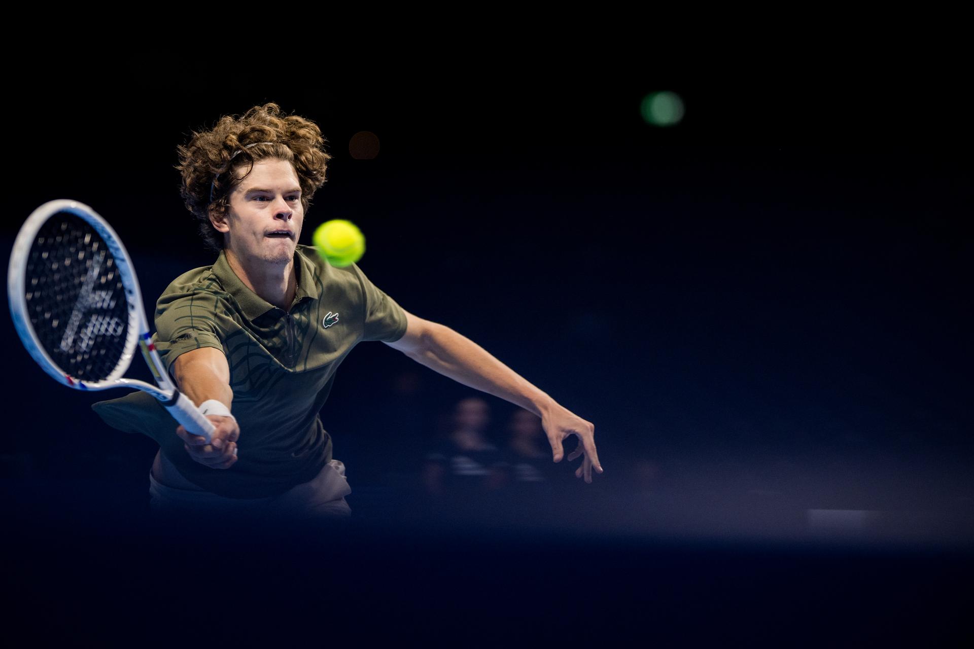 Belgian Alexander Blockx pictured in action during the European Open ATP tennis tournament in Brussels, on Monday 13 October 2025. This year's edition of the tournament is taking place from 12 to 19 October 2025. BELGA PHOTO JASPER JACOBS