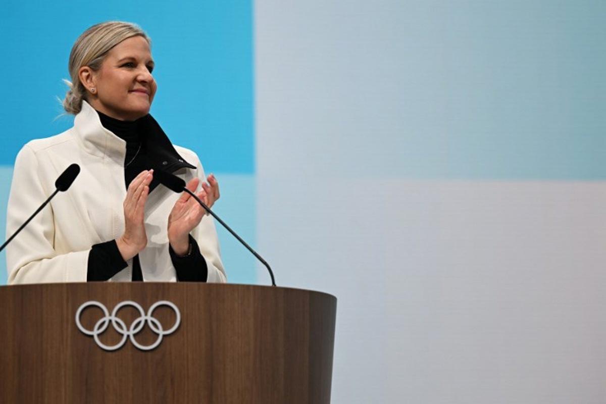 IOC President Kirsty Coventry delivers a speech during the first day of the 145th IOC Session, in Milan, northern Italy, on February 3, 2026. Daniel MUÑOZ / AFP