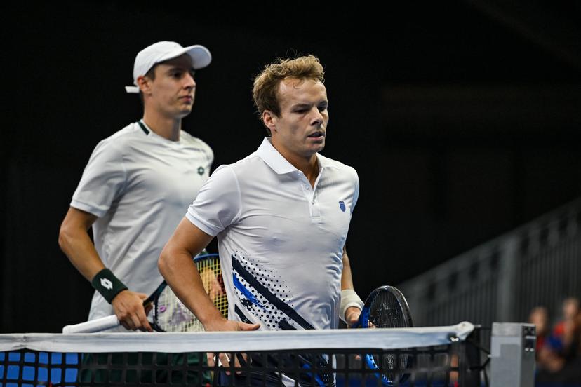 Michael Geerts of Belgium, Joran Vliegen of Belgium pictured during the European Open ATP tennis tournament in Brussels, on 21 October. This year's edition of the tournament is taking place from 17 to 25 October BELGA PHOTO DAVID PINTENS