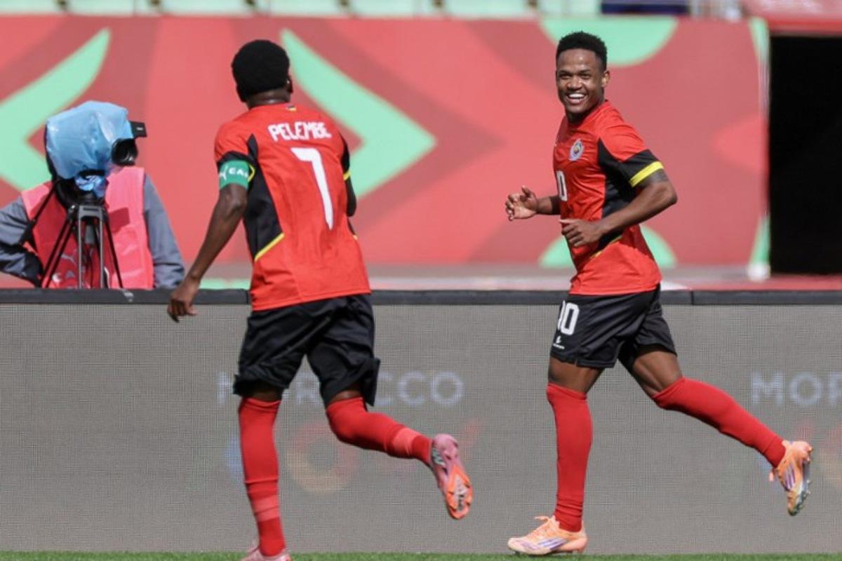 Mozambique's midfielder #10 Geny Catamo celebrates his goal during the Africa Cup of Nations (CAN) Group F football match between Gabon and Mozambique at Grand Stadium in Agadir on December 28, 2025. FRANCK FIFE / AFP