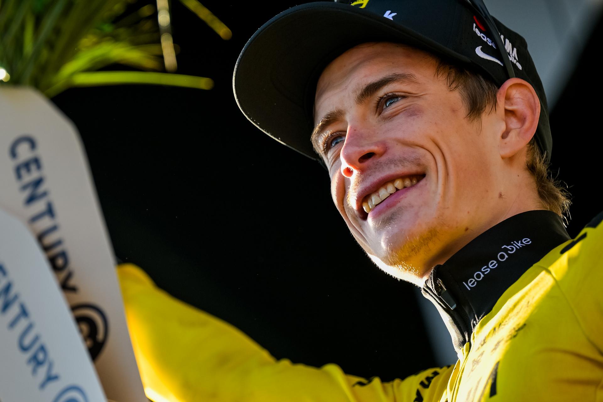 Danish Jonas Vingegaard of Team Visma-Lease a Bike celebrates in the yellow jersey of leader in the overall ranking after the fifth stage of 84th edition of the Paris-Nice cycling race, a race from Cormoranche-sur-Saone to Colombier-le-Vieux (205,4km), on Thursday 12 March 2026. BELGA PHOTO DAVID PINTENS