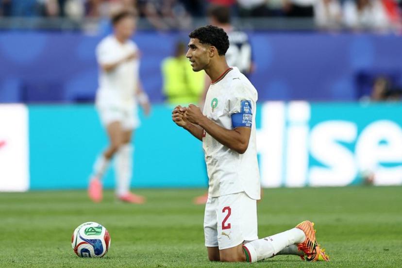 Morocco's defender #02 Achraf Hakimi reacts after winning the 2026 World Cup Group C football match between Scotland and Morocco at the Boston Stadium in Foxborough on June 19, 2026. FRANCK FIFE / AFP