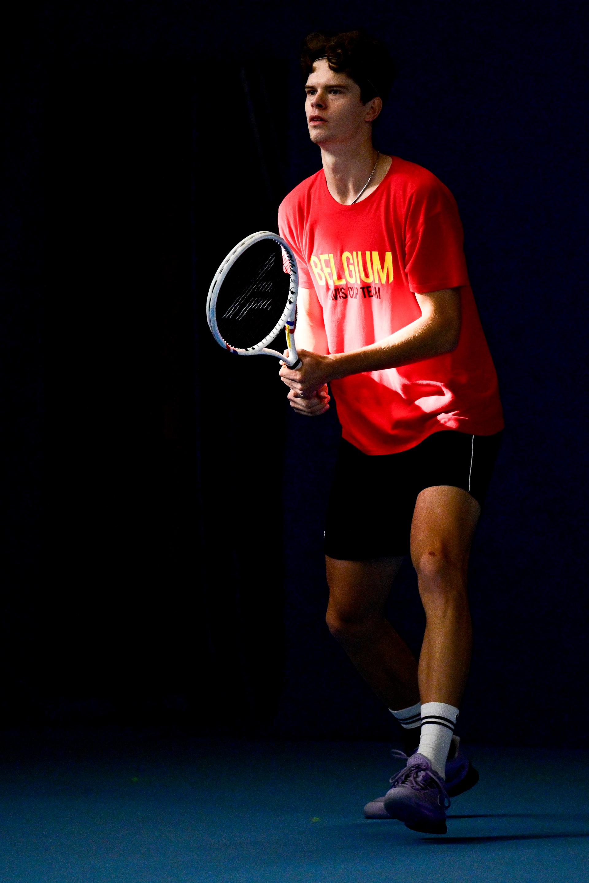 Belgian Alexander Blockx pictured in action during an open training session of the Belgian Davis Cup team ahead of the Davis Cup Finals (November 18-23), in Wilrijk, on Wednesday 12 November 2025. BELGA PHOTO DIRK WAEM