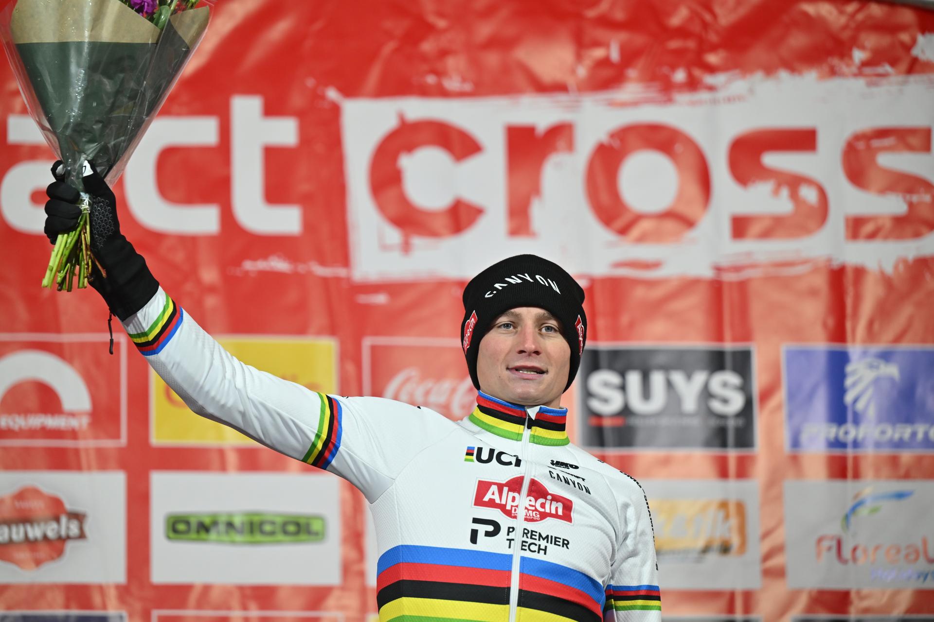 Dutch Mathieu Van Der Poel pictured on the podium after the men's elite race of the Zilvermeercross cyclocross cycling event in Mol, stage 5/7 in the Exact Cross competition, on Friday 02 January 2026. BELGA PHOTO LUC CLAESSEN