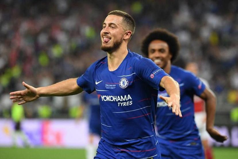 Chelsea's Belgian midfielder Eden Hazard celebrates after scoring a goal during the UEFA Europa League final football match between Chelsea FC and Arsenal FC at the Baku Olympic Stadium in Baku, Azerbaijian, on May 29, 2019. Kirill KUDRYAVTSEV / AFP