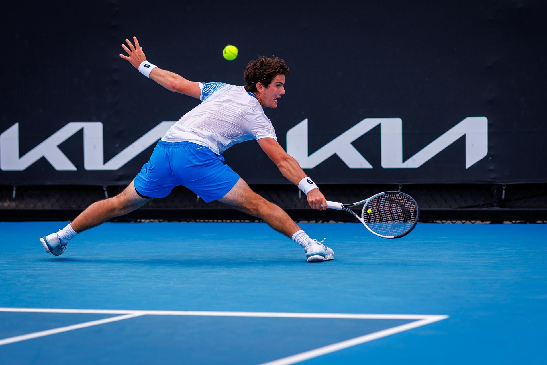 Belgium's Gilles-Arnaud Bailly pictured in action during a third round qualifying match in the men's singles against USA's Damm at the Australian Open, Melbourne Park, Melbourne on Thursday 15 January 2026. BELGA PHOTO PATRICK HAMILTON --- BENELUX ONLY ---