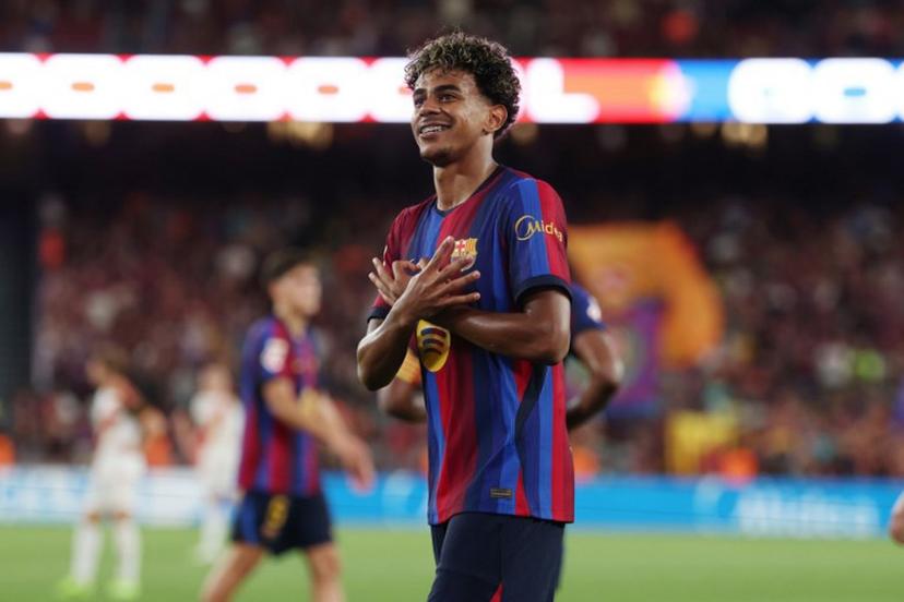 Barcelona's Spanish forward #10 Lamine Yamal celebrates scoring his team's fifth goal during the Spanish league football match between FC Barcelona and Rayo Vallecano de Madrid at Camp Nou Stadium in Barcelona on August 31, 2026. Lluis GENE / AFP